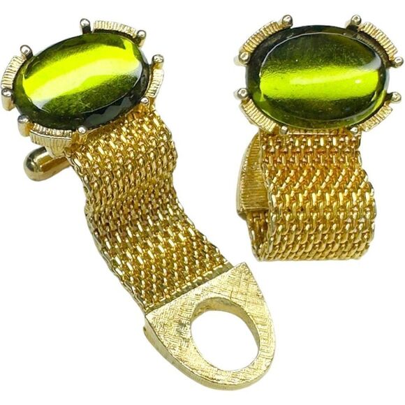 VINTAGE Cuff Links and Tie Tack Gold-tone & Green Stone Cufflinks Tie Tack Lot E - Picture 6 of 6